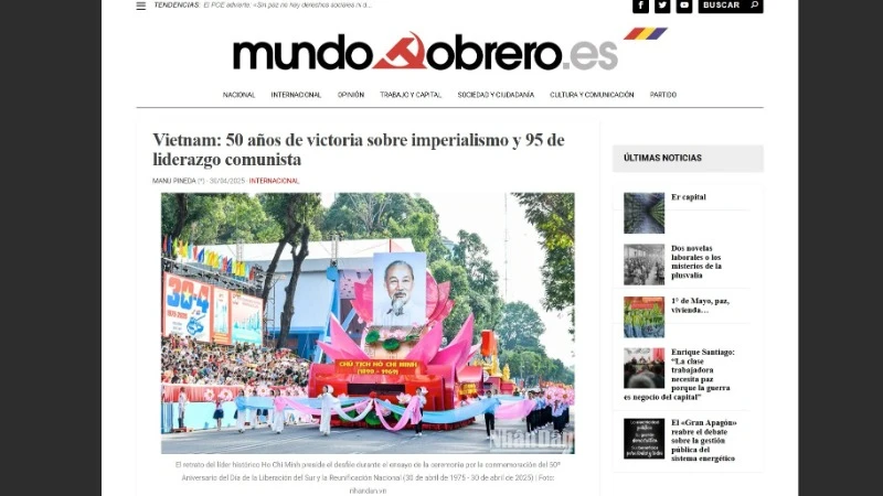 Mundo Obrero, kênh truyền thông chính thức của Đảng Cộng sản Tây Ban Nha đăng bài viết ca ngợi các thành tựu của Việt Nam. (Ảnh chụp màn hình)