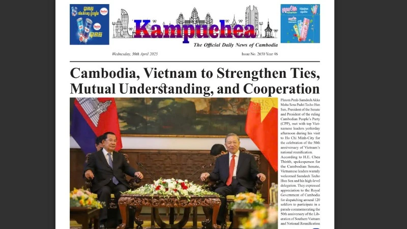 Trang nhất báo Kampuchea đăng bài viết về chuyến tham dự lễ kỷ niệm 50 năm Ngày Giải phóng miền nam, thống nhất đất nước tại Việt Nam (30/4/1975-30/4/2025) của Chủ tịch Thượng viện, Chủ tịch Đảng Nhân dân Campuchia Samdech Techo Hun Sen và quan hệ Việt Nam-Campuchia.
